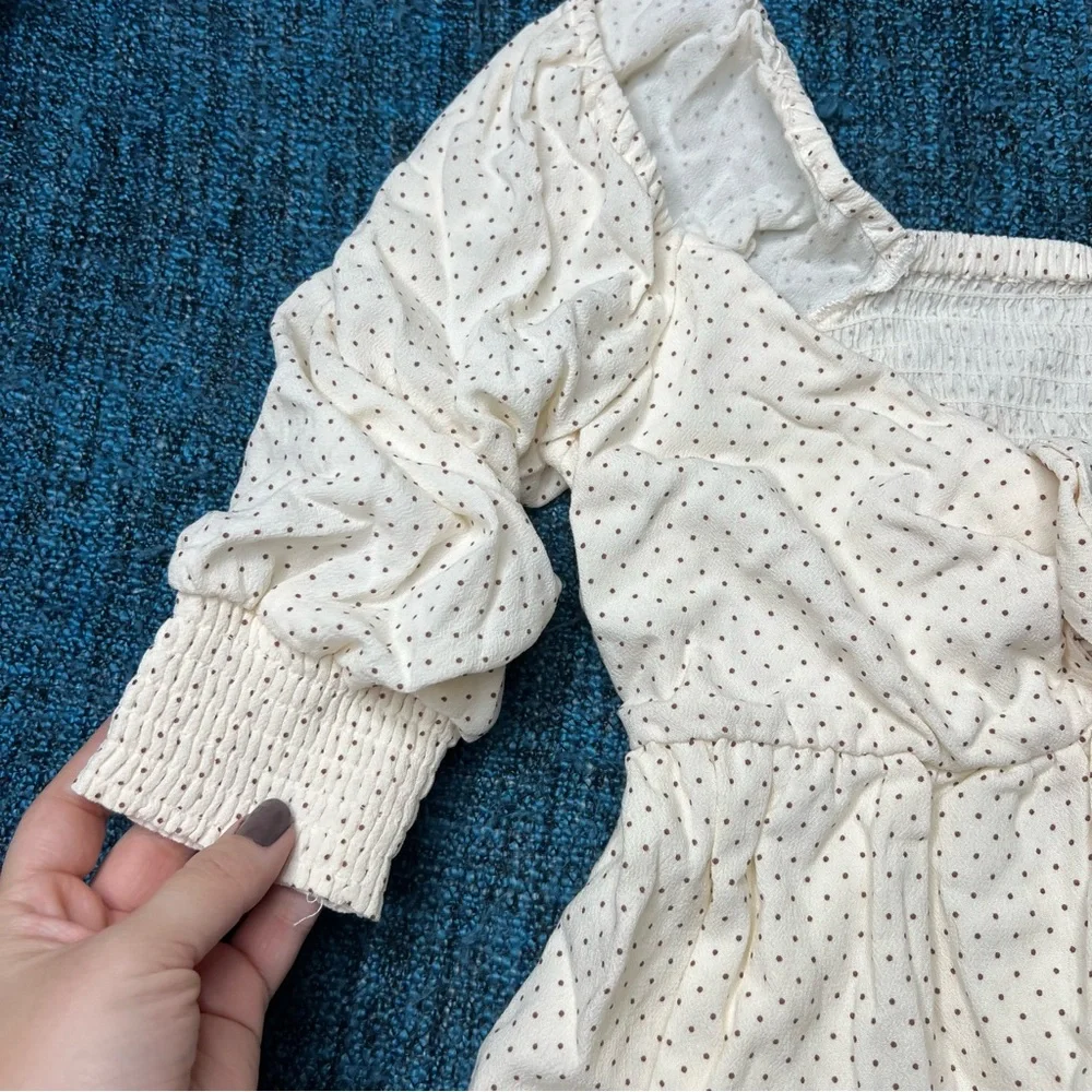 O'Neill Tie Front Puff Sleeve Polka Dot Mini Dress in Cream Brown Size Small NWT